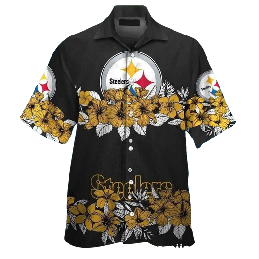 Pittsburgh Steelers Logo And Hibiscus Black Hawaiian Shirt - Moonbestprint