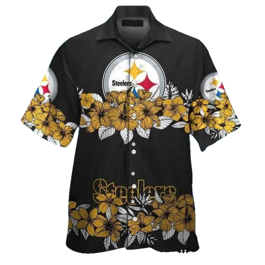 Pittsburgh Steelers Logo And Hibiscus Black Hawaiian Shirt - Moonbestprint
