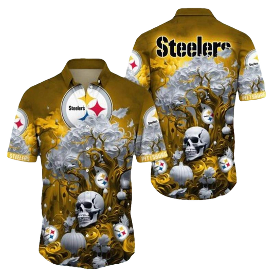 Pittsburgh Steelers Logo And Halloween Skull Pumpkin Hawaiian Shirt - Moonbestprint