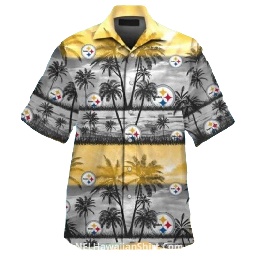 Pittsburgh Steelers Logo And Gold Palm Sunset Hawaiian Shirt - Moonbestprint