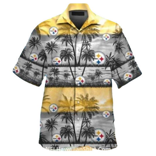 Pittsburgh Steelers Logo And Gold Palm Sunset Hawaiian Shirt - Moonbestprint