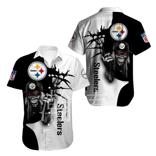 Pittsburgh Steelers Iron Skull Black And White Hawaiian Shirt - Moonbestprint