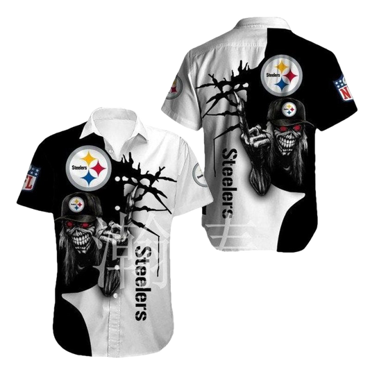 Pittsburgh Steelers Iron Skull Black And White Hawaiian Shirt - Moonbestprint