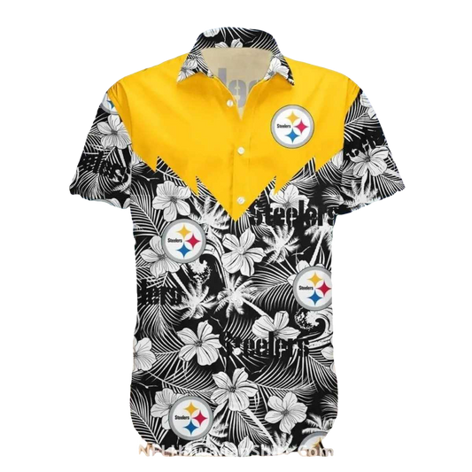 Pittsburgh Steelers Hibiscus And Palm Tree Design Hawaiian Shirt - Moonbestprint