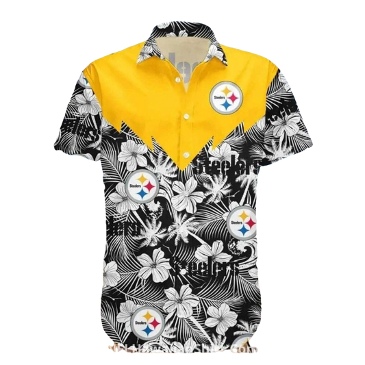 Pittsburgh Steelers Hibiscus And Palm Tree Design Hawaiian Shirt - Moonbestprint