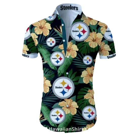 Pittsburgh Steelers Green Leaves And Yellow Hibiscus Hawaiian Shirt - Moonbestprint