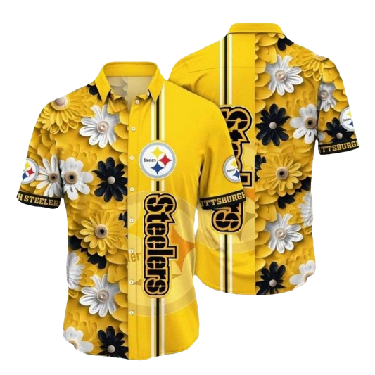 Pittsburgh Steelers Golden Petals Floral Yellow Hawaiian Shirt - Moonbestprint