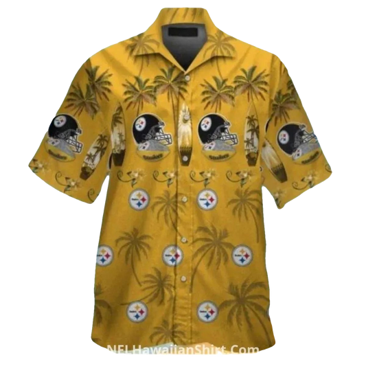 Pittsburgh Steelers Gold With Helmets And Palm Trees Hawaiian Shirt - Moonbestprint