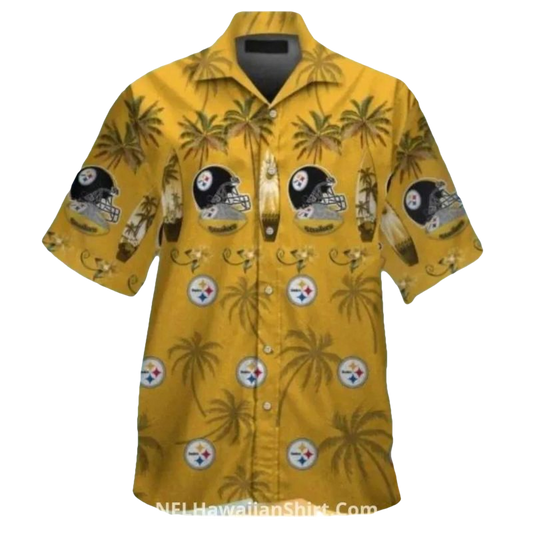 Pittsburgh Steelers Gold With Helmets And Palm Trees Hawaiian Shirt - Moonbestprint