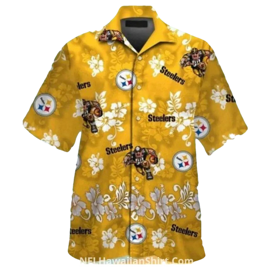 Pittsburgh Steelers Gold With Floral And Mascot Yellow Hawaiian Shirt - Moonbestprint