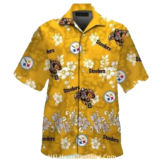 Pittsburgh Steelers Gold With Floral And Mascot Yellow Hawaiian Shirt - Moonbestprint
