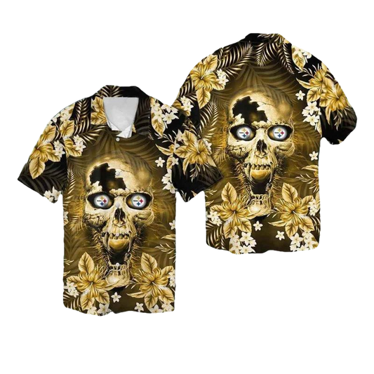 Pittsburgh Steelers Flower Skull Hawaiian Shirt - Moonbestprint