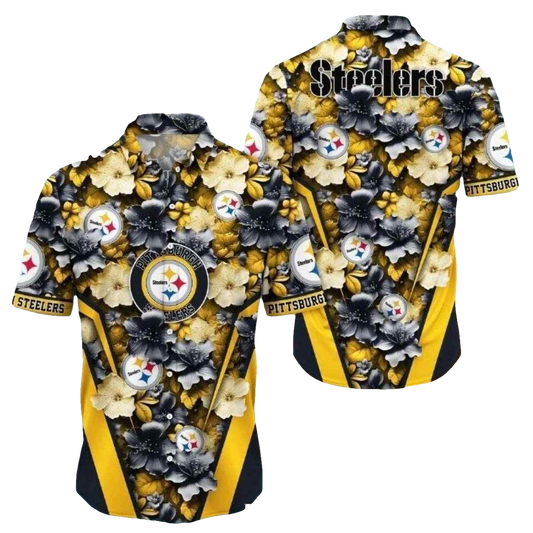 Pittsburgh Steelers Floral Steel Elegant Black And Gold Hawaiian Shirt - Moonbestprint