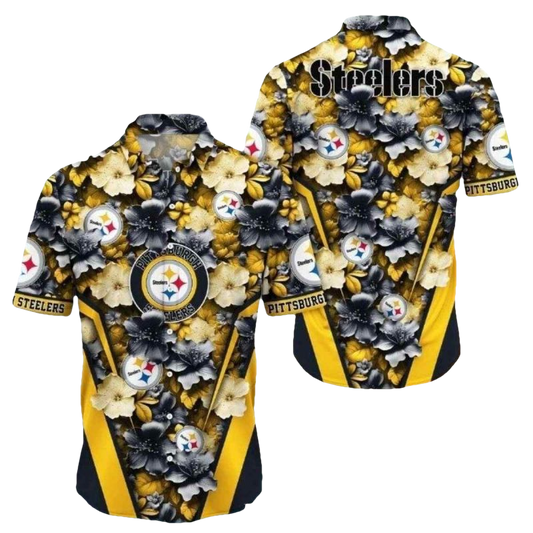 Pittsburgh Steelers Floral Steel Elegant Black And Gold Hawaiian Shirt - Moonbestprint