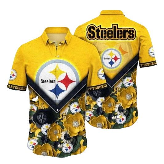 Pittsburgh Steelers Floral Steel Blackout Hawaiian Shirt - Moonbestprint