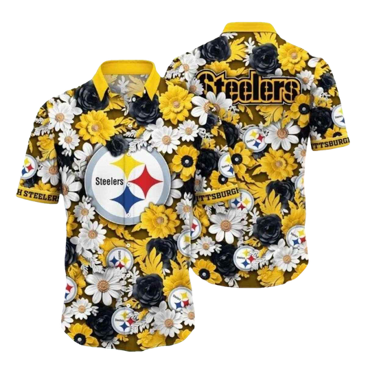 Pittsburgh Steelers Floral Midnight Yellow Hawaiian Shirt - Moonbestprint