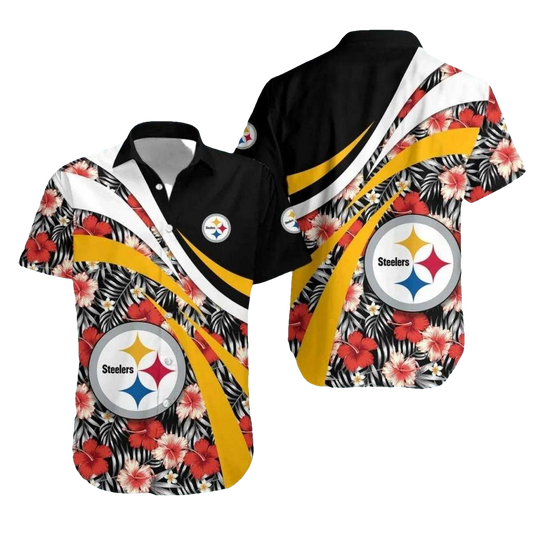 Pittsburgh Steelers Floral Hibiscus Pattern Black Gold Hawaiian Shirt - Moonbestprint