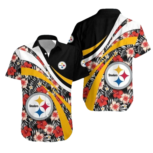 Pittsburgh Steelers Floral Hibiscus Pattern Black Gold Hawaiian Shirt - Moonbestprint