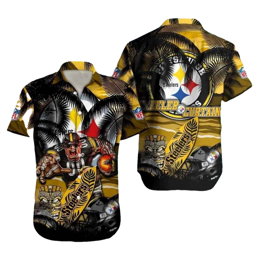 Pittsburgh Steelers Fearsome Player And Tiki Art Hawaiian Shirt - Moonbestprint