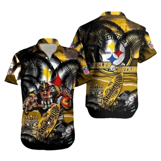 Pittsburgh Steelers Fearsome Player And Tiki Art Hawaiian Shirt - Moonbestprint