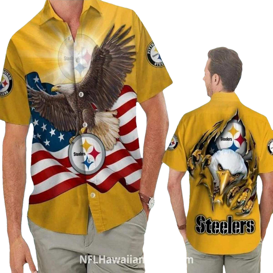 Pittsburgh Steelers Eagle And American Flag Hawaiian Shirt - Moonbestprint
