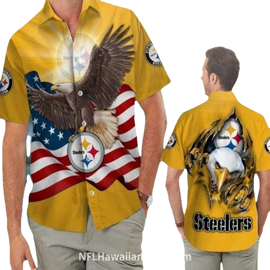 Pittsburgh Steelers Eagle And American Flag Hawaiian Shirt - Moonbestprint
