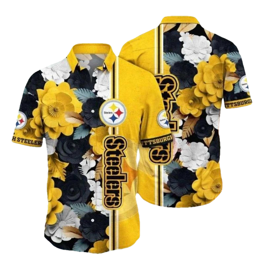 Pittsburgh Steelers Contrast Floral Emblem Hawaiian Shirt - Moonbestprint