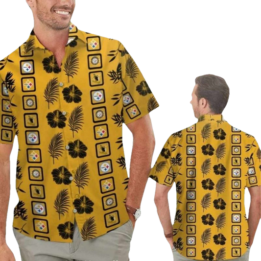 Pittsburgh Steelers Characters Gold With Floral And Palm Leaf Hawaiian Shirt - Moonbestprint
