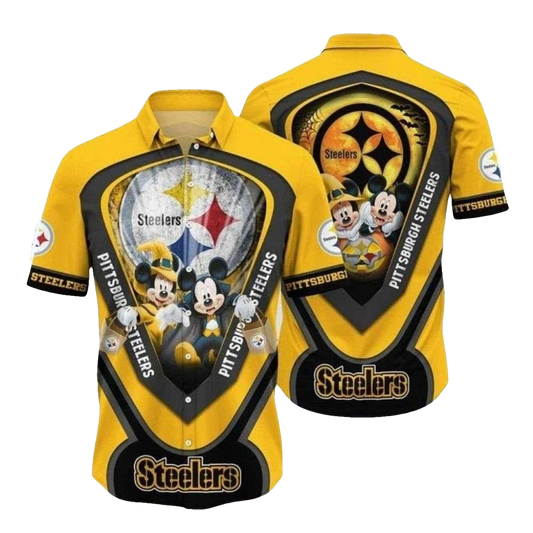 Pittsburgh Steelers Character Beach Scene Mickey And Minnie Hawaiian Shirt - Moonbestprint