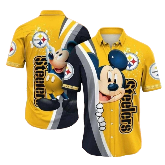 Pittsburgh Steelers Cartoon Icon Yellow Stripe Mickey Hawaiian Shirt - Moonbestprint
