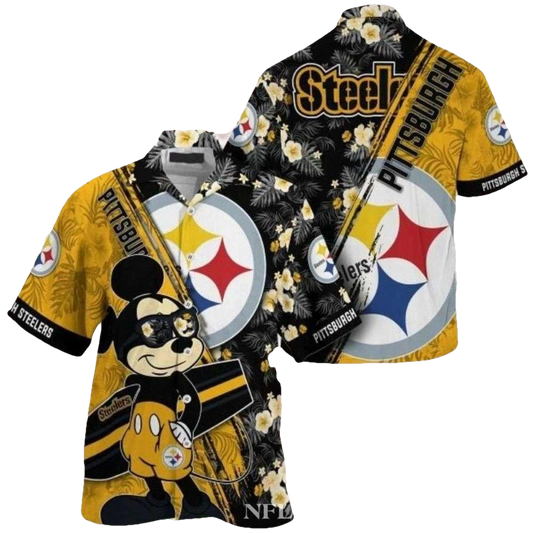 Pittsburgh Steelers Cartoon Character Mickey Surfing Floral Hawaiian Shirt - Moonbestprint
