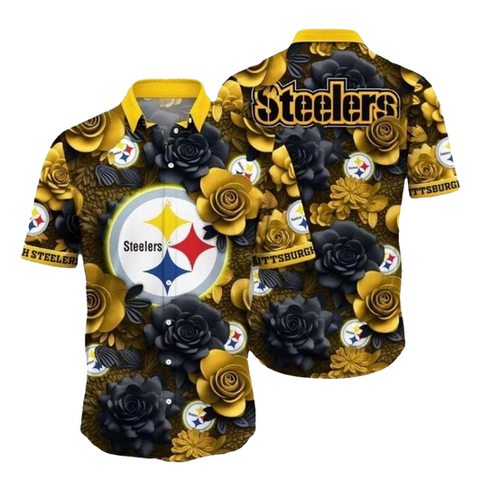 Pittsburgh Steelers Bold Floral Black And Gold Hawaiian Shirt - Moonbestprint