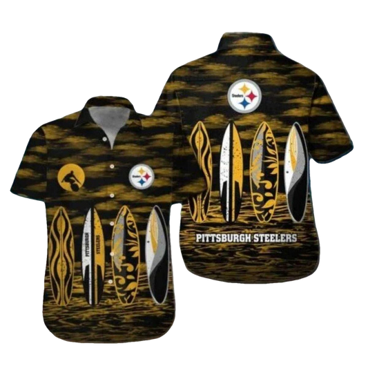 Pittsburgh Steelers Black And Gold Surfboard Art Hawaiian Shirt - Moonbestprint