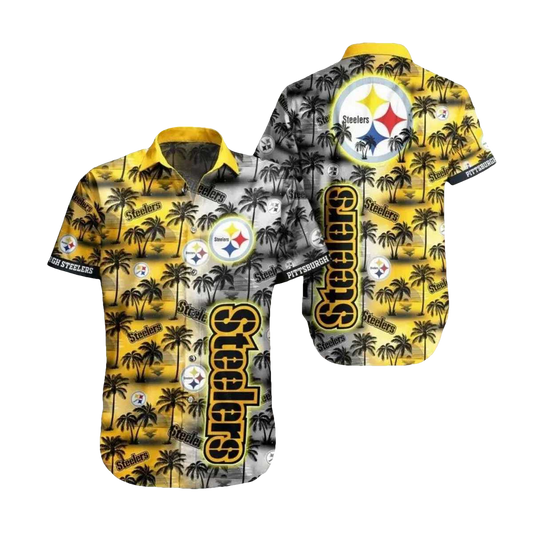 Pittsburgh Steelers Black And Gold Palm Sunset Coconut Tree Pattern Hawaiian Shirt - Moonbestprint