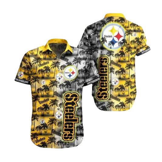 Pittsburgh Steelers Black And Gold Palm Sunset Coconut Tree Pattern Hawaiian Shirt - Moonbestprint
