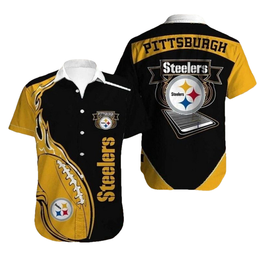 Pittsburgh Steelers Black And Gold Flaming Football Hawaiian Shirt - Moonbestprint
