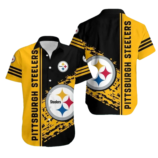 Pittsburgh Steelers Black And Gold Bold Stripe Big Logo Design Hawaiian Shirt - Moonbestprint