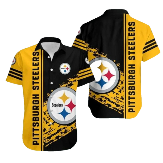 Pittsburgh Steelers Black And Gold Bold Stripe Big Logo Design Hawaiian Shirt - Moonbestprint