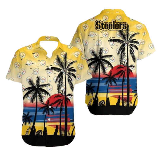 Pittsburgh Steelers Beach Sunset And Palm Tree Design Hawaiian Shirt - Moonbestprint