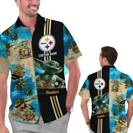 Pittsburgh Steelers Baby Yoda On The Beach Hawaiian Shirt - Moonbestprint
