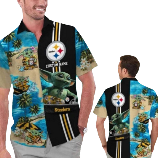 Pittsburgh Steelers Baby Yoda On The Beach Hawaiian Shirt - Moonbestprint