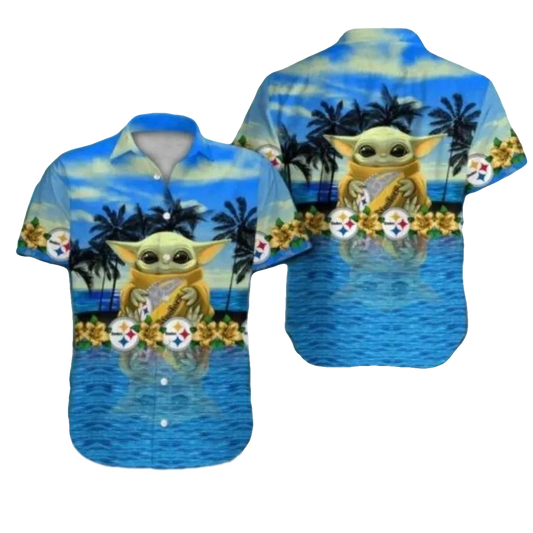 Pittsburgh Steelers Baby Yoda Hug Ball Hawaiian Shirt - Moonbestprint