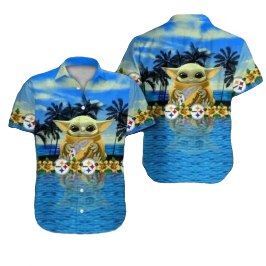 Pittsburgh Steelers Baby Yoda Hug Ball Hawaiian Shirt - Moonbestprint