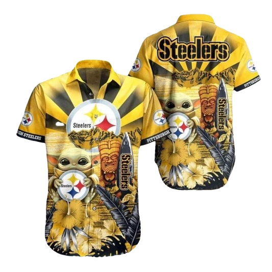 Pittsburgh Steelers Baby Yoda And Tiki Sunset Hawaiian Shirt - Moonbestprint