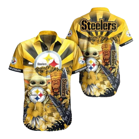 Pittsburgh Steelers Baby Yoda And Tiki Sunset Hawaiian Shirt - Moonbestprint