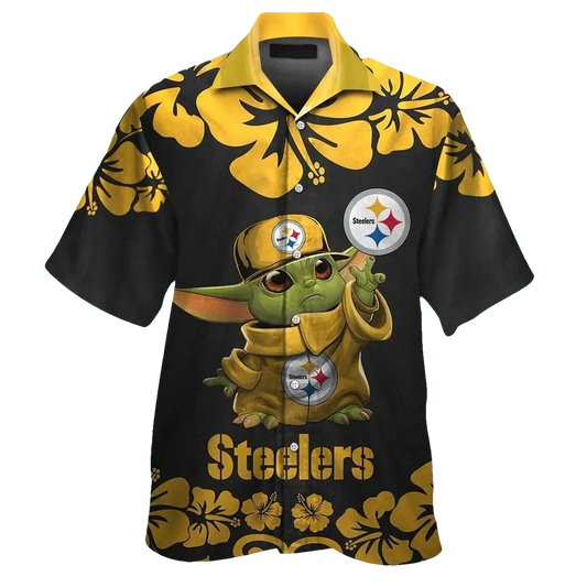 Pittsburgh Steelers Baby Yoda And Logo Hibiscus Hawaiian Shirt - Moonbestprint