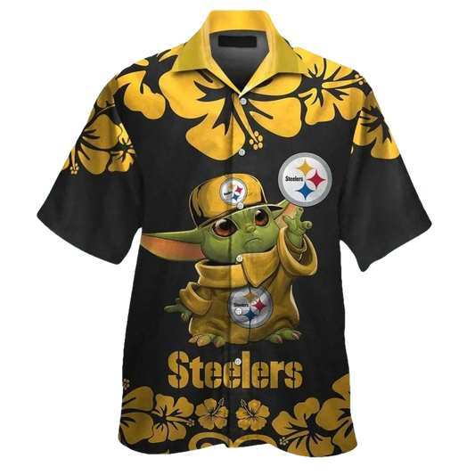 Pittsburgh Steelers Baby Yoda And Logo Hibiscus Hawaiian Shirt - Moonbestprint