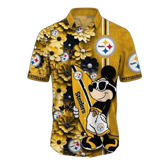 Pittsburgh Steelers Animated Character Mickey Surfing Hawaiian Shirt - Moonbestprint