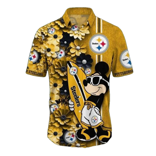 Pittsburgh Steelers Animated Character Mickey Surfing Hawaiian Shirt - Moonbestprint