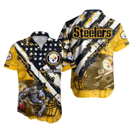 Pittsburgh Steelers American Flag And Mascot Hawaiian Shirt - Moonbestprint